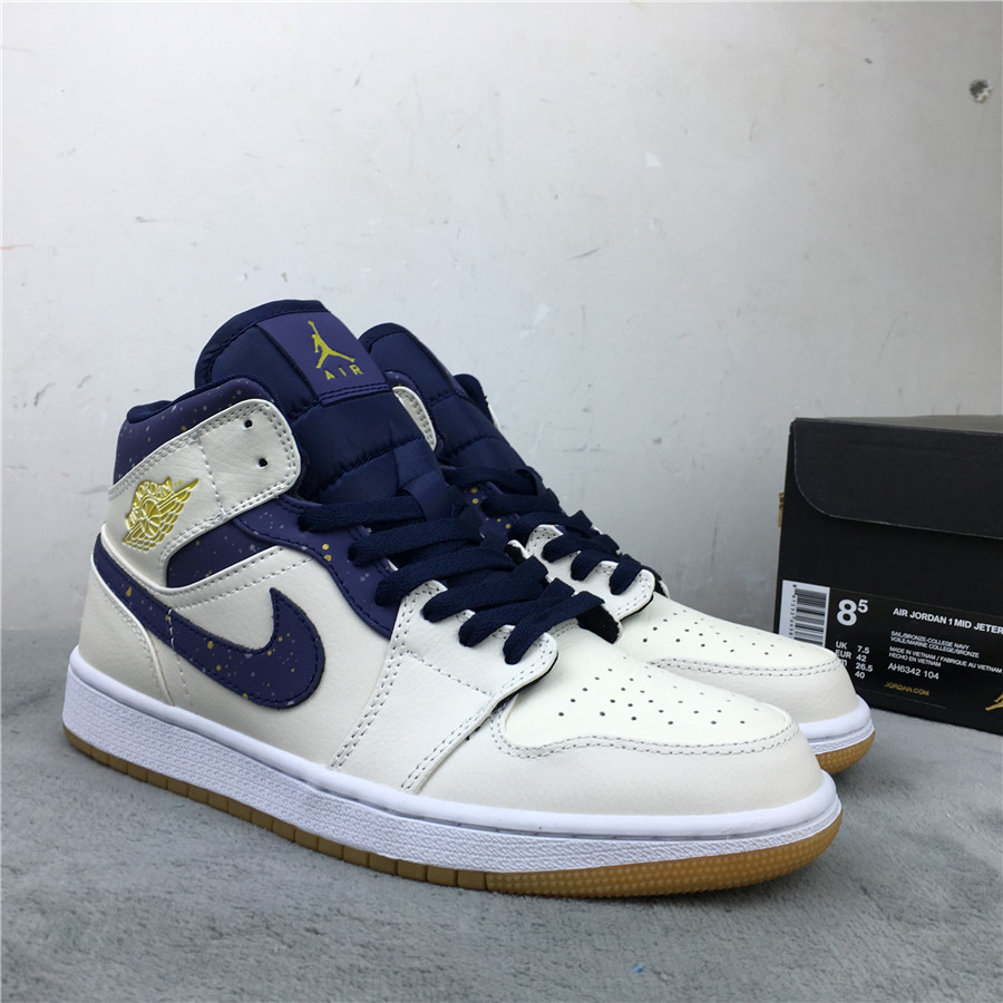 Women Air Jordan 1 Mid Jeter White Blue Yellow Shoes - Click Image to Close